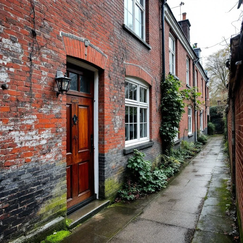 Gevel van Belgisch huis met opstijgend vocht zichtbaar op bakstenen - witte uitslag en vochtvlekken